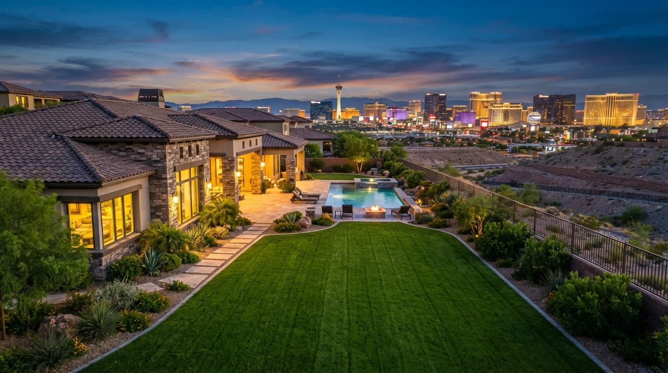 Manicured green lawn and desert landscaping behind a Las Vegas home at dusk, with the Strip skyline lit up in the distance